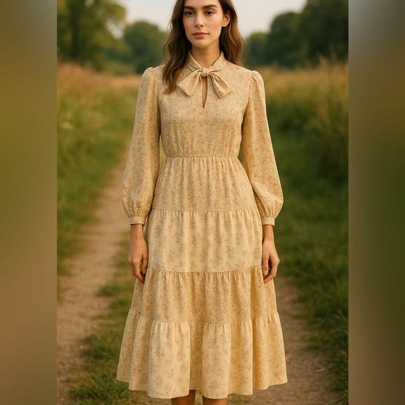 Carla Gay Dresses & Skirts - Rare Vintage 1970's Carla Gay Floral Cream Prairie Bow Front Tier Dress